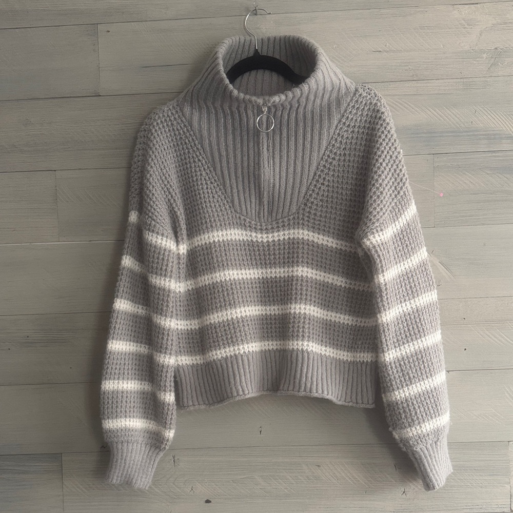 SO Gray and White Striped Cowl Neck Sweater